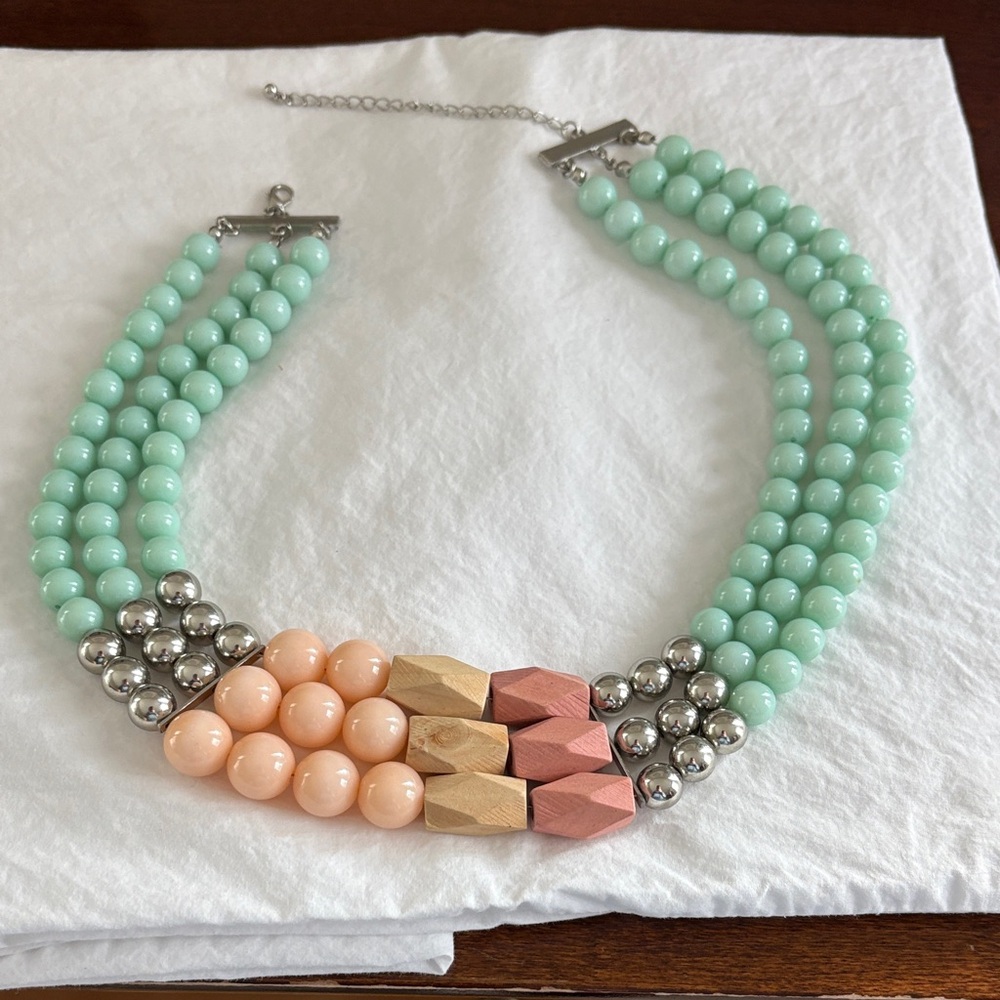 Chunky 3 Strand Multi-Color Silver Beaded Necklace